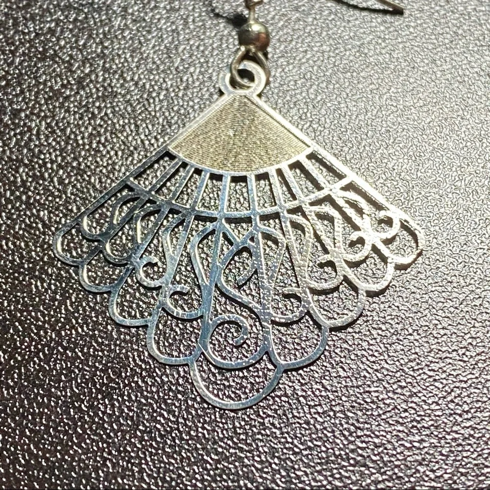 Hand Crafted Earrings Silver Fan Laser Cut Thin Dangle Metal Dainty Pierced - Picture 2 of 6